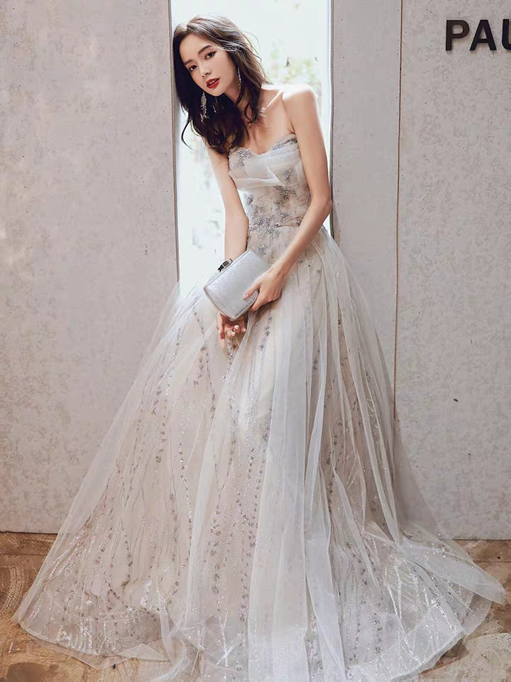 Wedding Dress champagne color new long show thin banquet fairy temperament annual meeting host wipe chest birthday woman