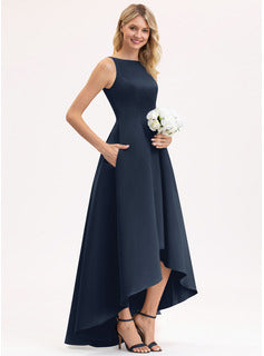 A Line Scoop Neck Asymmetrical Satin Bridesmaid Dress With Pockets