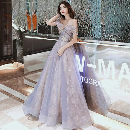 One-shoulder evening dress 2019 new French retro court banquet noble temperament long section slim dress female