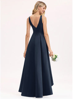 A Line Scoop Neck Asymmetrical Satin Bridesmaid Dress With Pockets