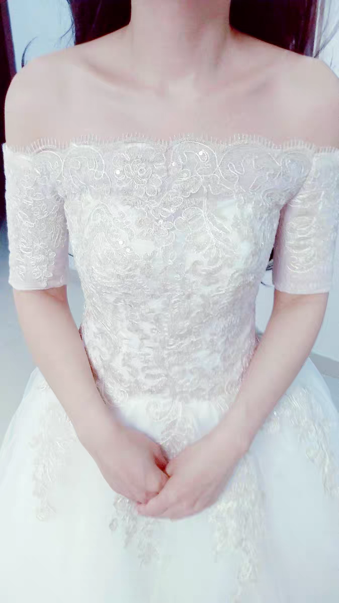A word shoulder wedding dress new simple small bride out of the super-sensen system dream starry tail to show thin.