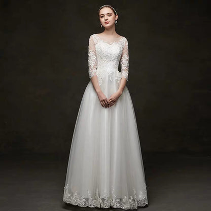 New bride wedding dress covering thick arms simple word shoulder Qidi court style dress temperament lace was thin