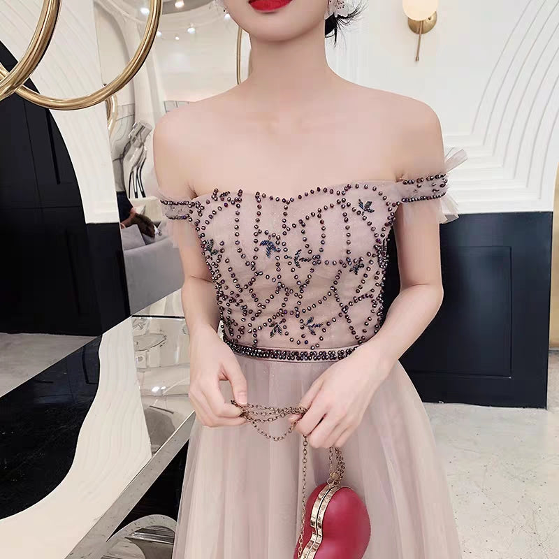 Banquet evening dress new temperament noble and elegant beaded word shoulder annual meeting host dress skirt long section