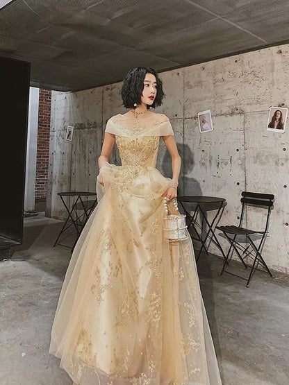 Champagne banquet host dress female new slimming flesh temperament long company annual party evening dress