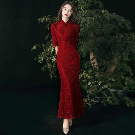 Toasted bride cheongsam 2020 new wine red fishtail retro Chinese wind back door casual wedding dress