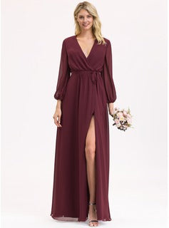 Long Bridesmaid Dresses A-Line V-neck Floor-Length Chiffon Bridesmaid Dress With Ruffle Bow(s) Split Front