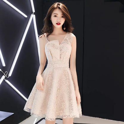 Simple Generous Champagne Long Host Temperament Banquet Party Small Evening Dress dress female