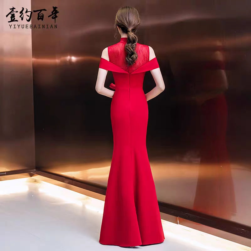 Bride wedding dress toast service 2020 new red Chinese stand-up collar slim fishtail wedding back door evening dress