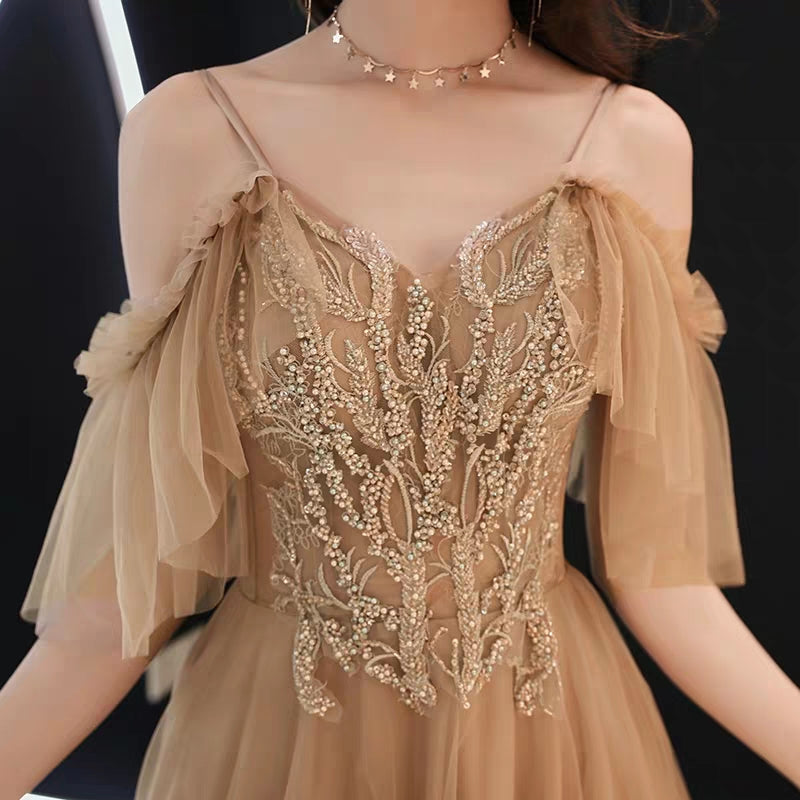 Evening dress female new noble elegant gold long section host banquet fairy dream dress was thin