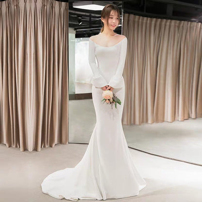 New fishtail thank you feast dress noble ladies wedding dress simple white word shoulder dress