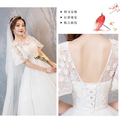 white wedding dress with middle sleeve bridal dress temperament wedding dress