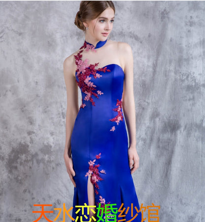 Blue fishtail dress Chinese stand-up collar sexy open-leg split bride toast clothing summer backless satin temperament female
