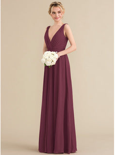 Long Bridesmaid Dresses A-Line V-neck Floor-Length Chiffon Bridesmaid Dress With Ruffle