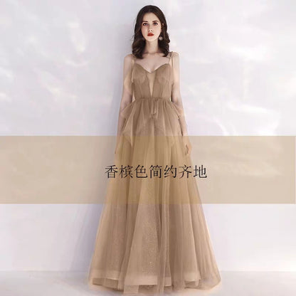 Banquet evening dress long section new strap small trailing noble temperament party host dress female dress