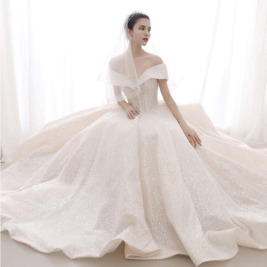  luxury heavy industry, French style, one shoulder, small bride's tail wedding dress