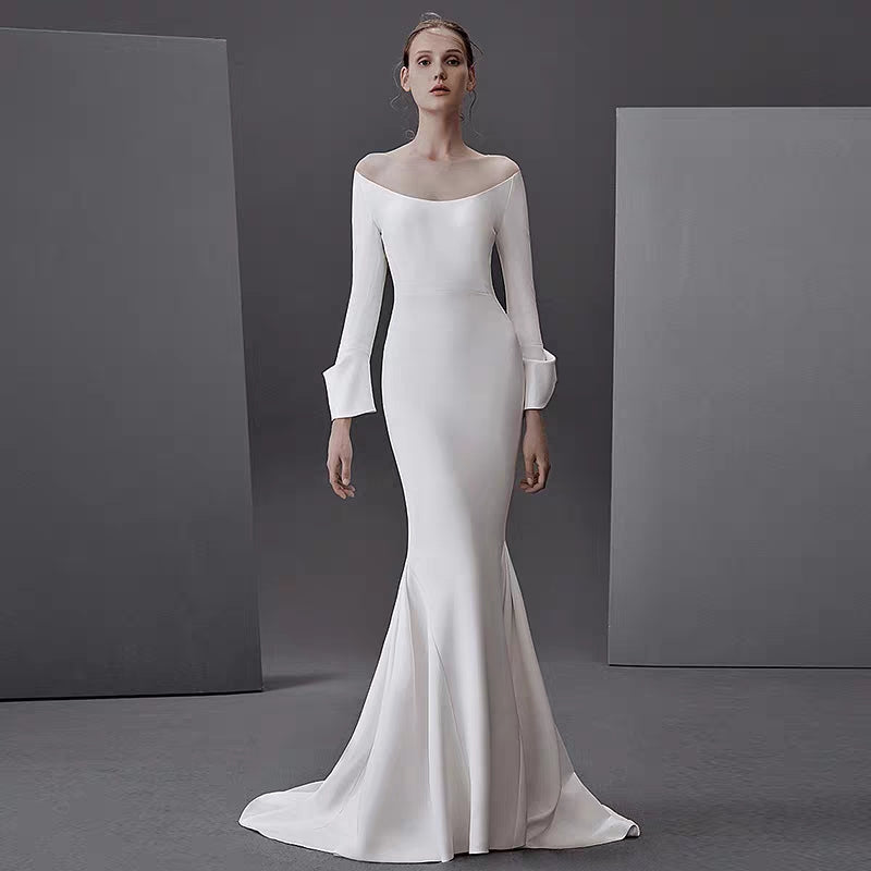 New fishtail thank you feast dress noble ladies wedding dress simple white word shoulder dress