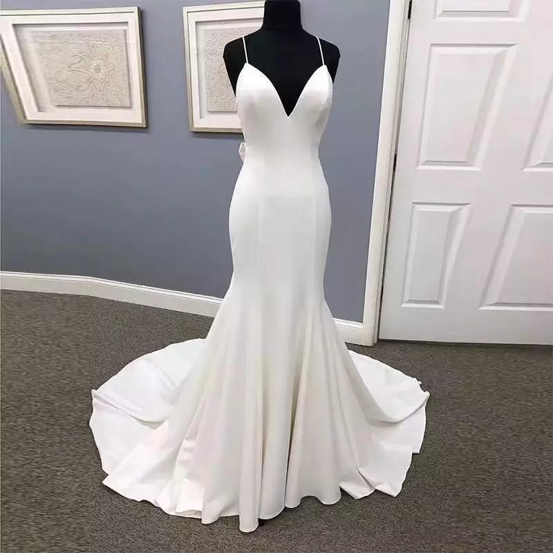 Mermaid Wedding Dresses Spaghetti Straps White Ivory Sleeveless Bridal Dress Bow Backless