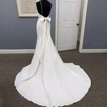 Mermaid Wedding Dresses Spaghetti Straps White Ivory Sleeveless Bridal Dress Bow Backless