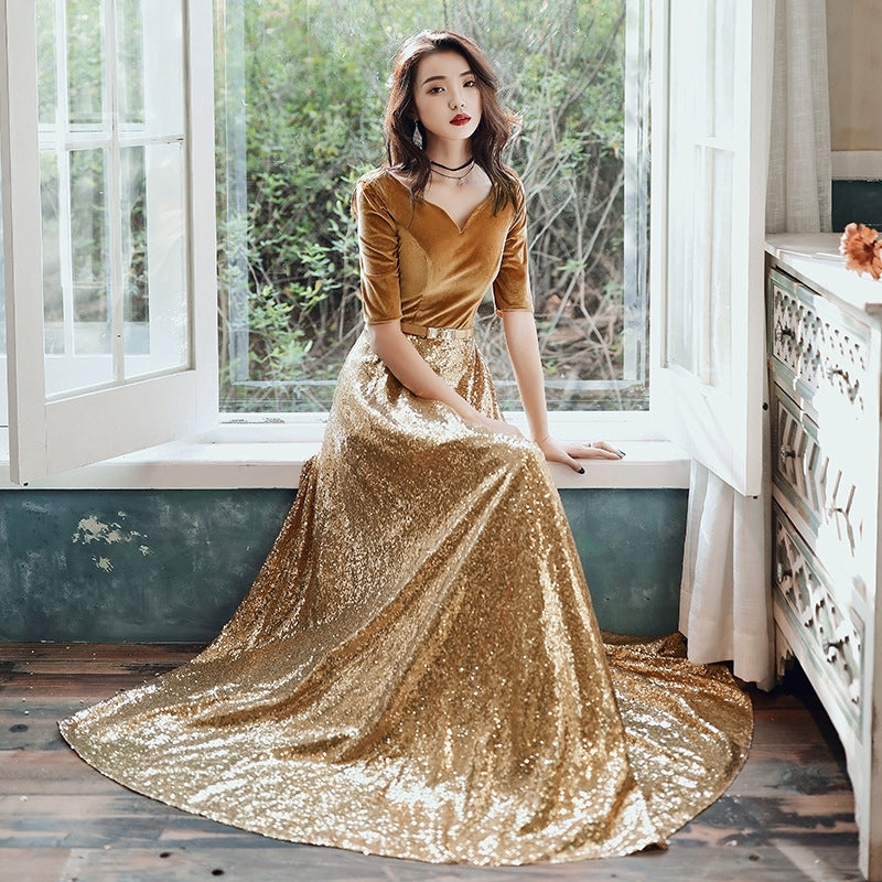 Evening Dress Women Gold Elegant