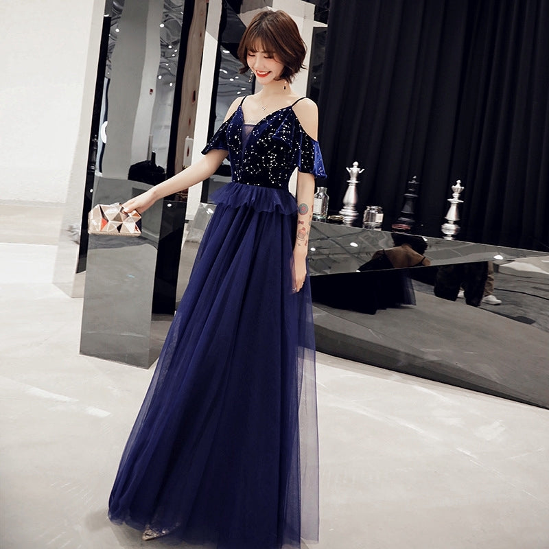 banquet evening dress sling blue long elegant sexy thin host dress – Ame_handmadesg