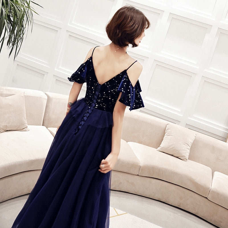 banquet evening dress sling blue long elegant sexy thin host dress