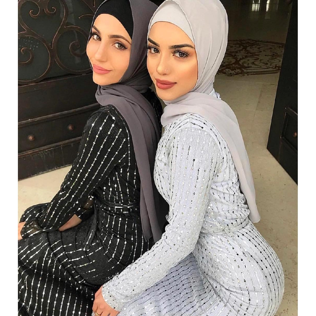 Women's Muslim Sequin Long Dress Striped Muslimah Maxi Dresses, Muslim bridesmaid, baju raya
