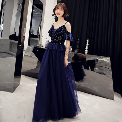 banquet evening dress sling blue long elegant sexy thin host dress
