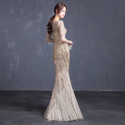 evening dress korean slim fishtail long dress lace champagne gold