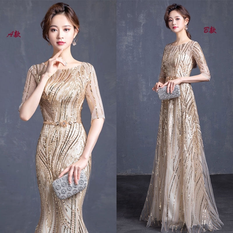 evening dress korean slim fishtail long dress lace champagne gold