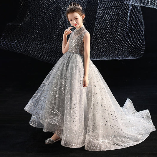 Girl Princess Dress Heavy Hand Make Maxi Dress Grey Sequin Trailing Dress Flower Girl Dress Piano Concert Birthday