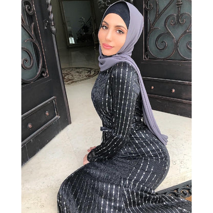 Women's Muslim Sequin Long Dress Striped Muslimah Maxi Dresses, Muslim bridesmaid, baju raya