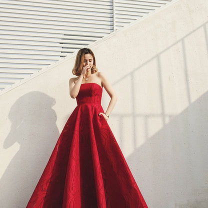 Women High Waist Strapless Dress Wedding Toast Dress Red Evening Dress