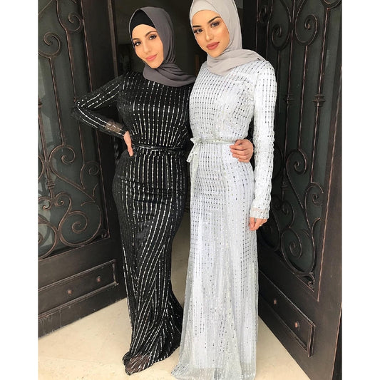 Women's Muslim Sequin Long Dress Striped Muslimah Maxi Dresses, Muslim bridesmaid, baju raya