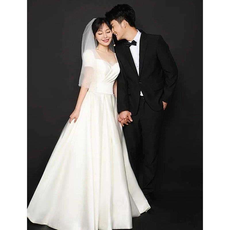 white satin wedding dress French style satin wedding dress high waist bridal wedding dress short-sleeved