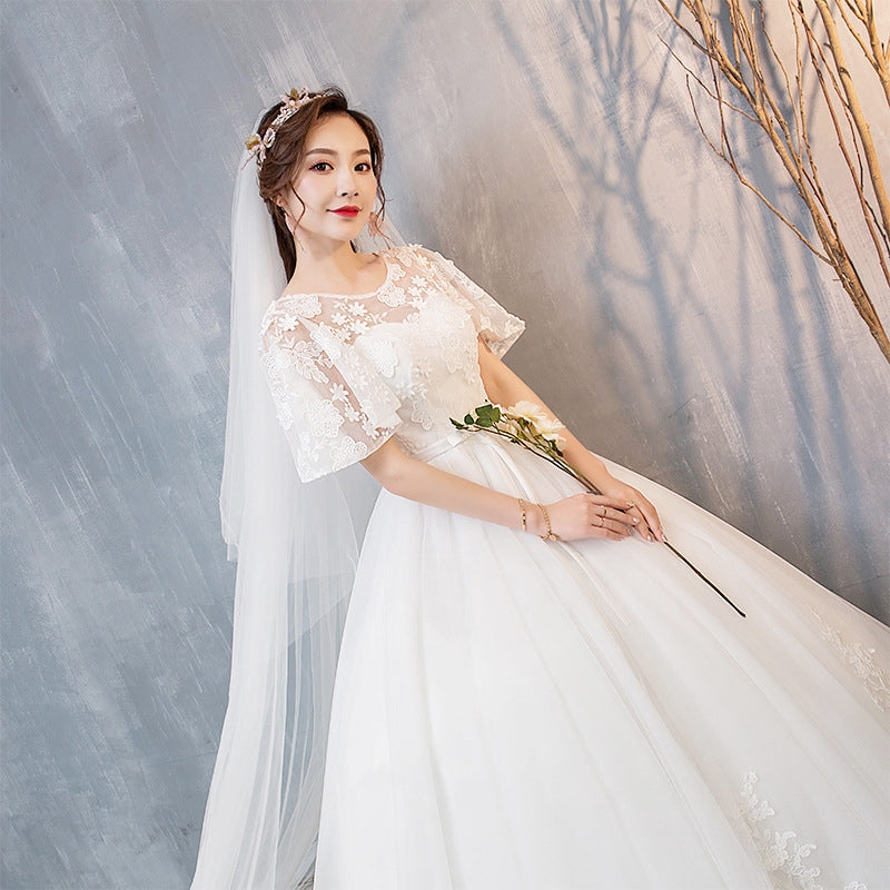 white wedding dress with middle sleeve bridal dress temperament wedding dress