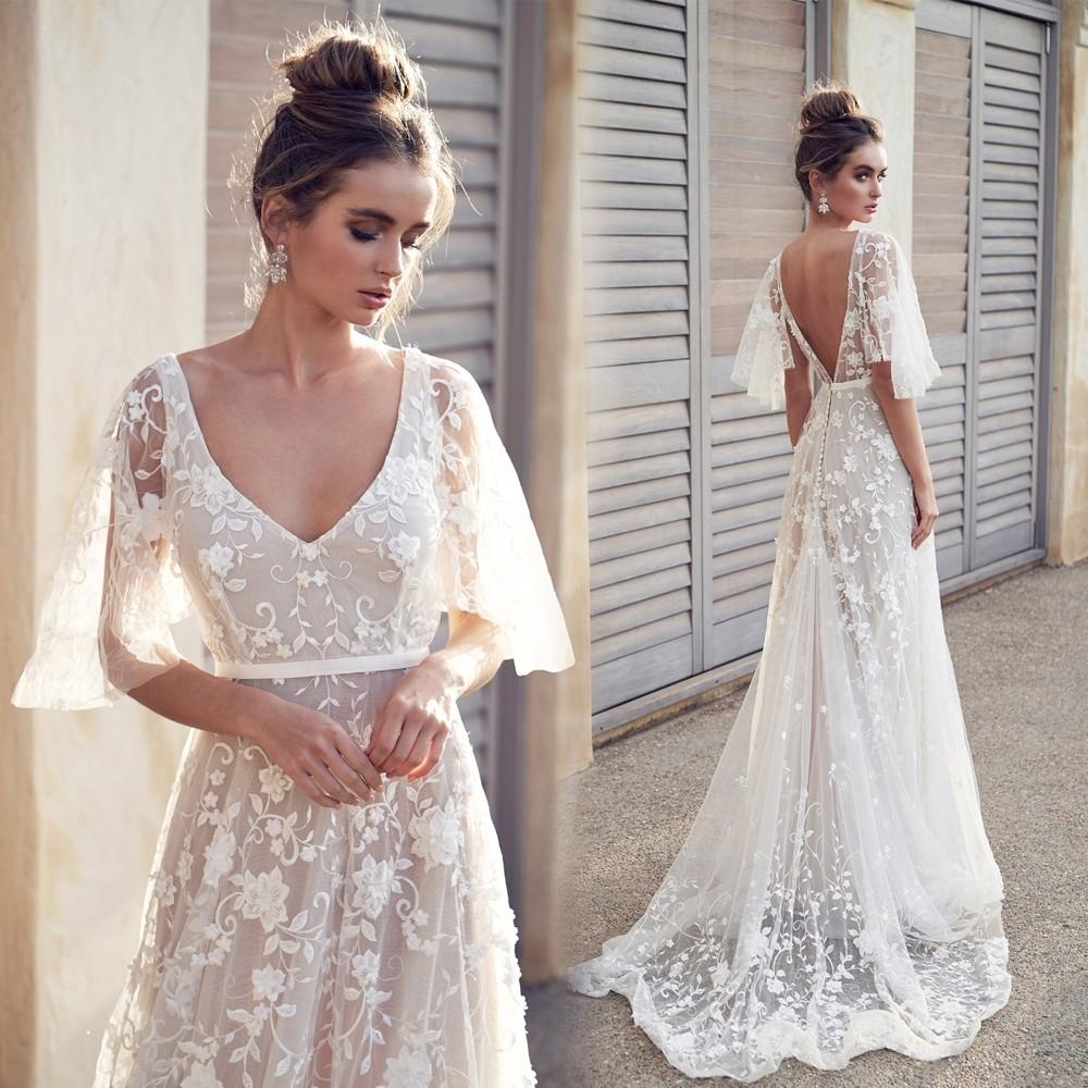 Embroidered lace lotus leaf sleeve v-neck Senmi small tail out light wedding dress lawn yarn Korean style
