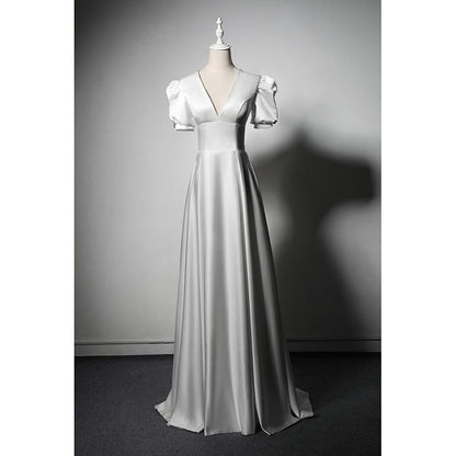 five-point bubble sleeve deep V-neck strap white Wedding Dress