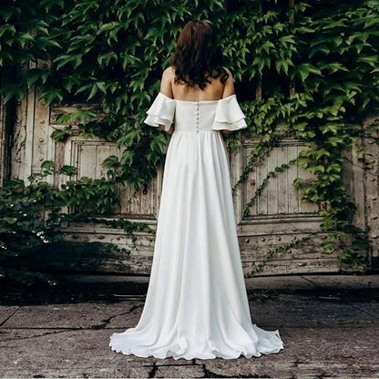 Off Shoulder Backless A-Line Soft Satin Sweep Train Flare Sleeve Bride Gown Wedding Dress Bride Dress vestidos de novia