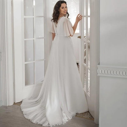Plus Size Wedding Dress with Short Sleeves 2021 Beach Chiffon Elegant V-Neck Lace Boho Slit Bridal Gowns Robe De Mariee