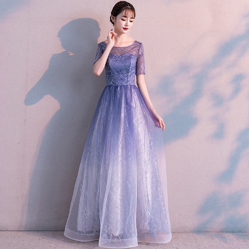 Evening Dress Gradient Blue Color Elegant Party Gowns Women A-line Floor length Short Sleeve Formal Dresses  E048