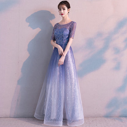 Evening Dress Gradient Blue Color Elegant Party Gowns Women A-line Floor length Short Sleeve Formal Dresses  E048