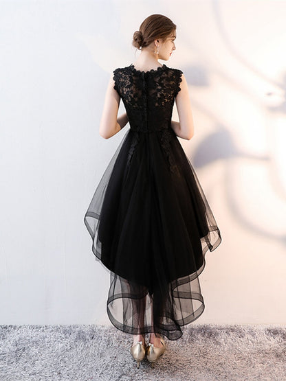 Sex Lace Backless Illusion High-low Flowers Zipper Tea Length Formal Dresses Party Full Dress Vintage Porm Gown LX094