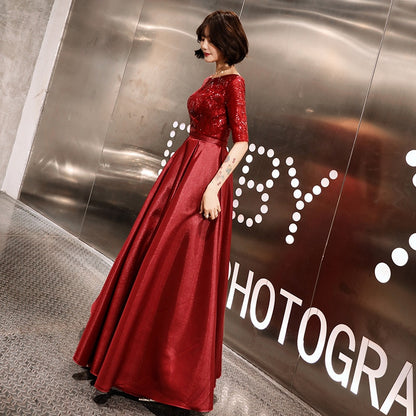 Evening Dress Wine Red Bling Sequins Fashion Party Dresses O-neck Short Sleeve Formal Gown For Women E049
