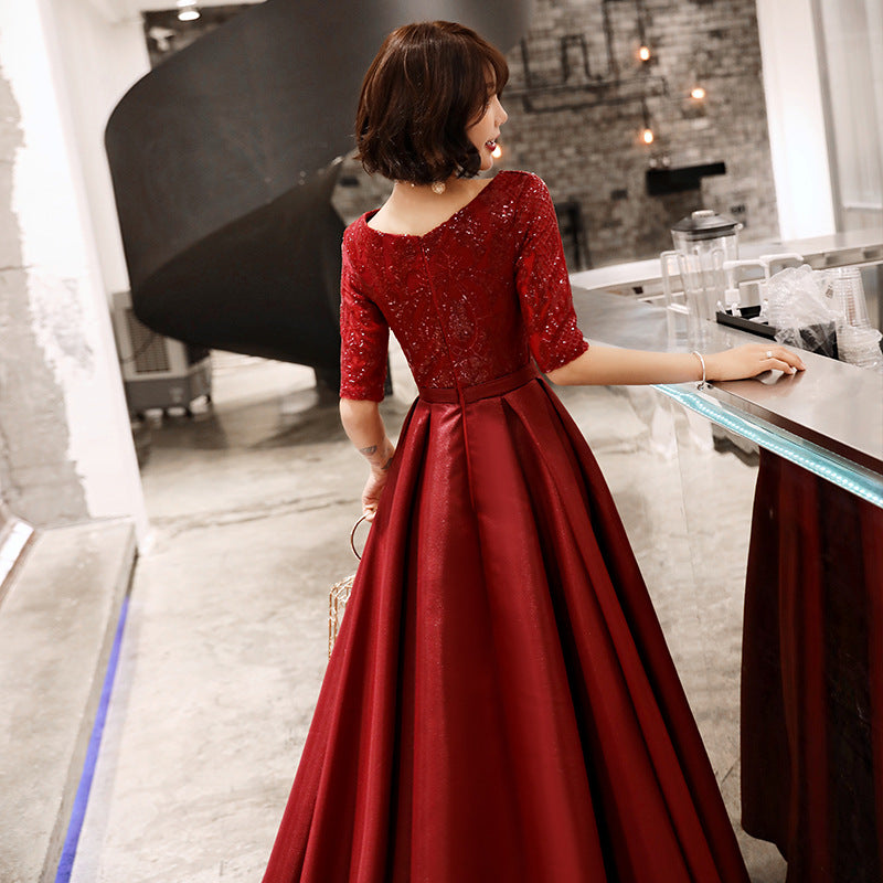 Evening Dress Wine Red Bling Sequins Fashion Party Dresses O-neck Short Sleeve Formal Gown For Women E049
