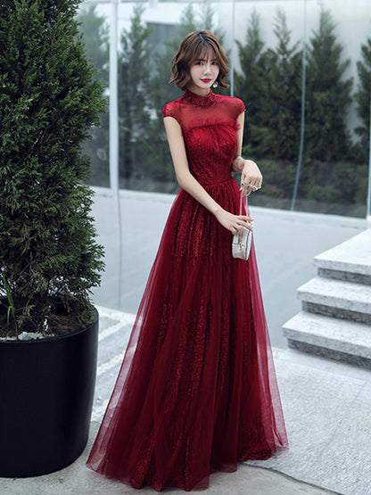 Evening Dress Lace Short Sleeve High Neck Sequins A-line Dresses Elegant Cut-out Formal Gowns Plus Size E1293