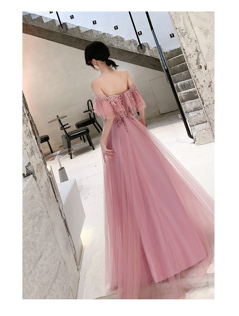 New pink off shoulder long lady girl prom dress evening dress free shipping