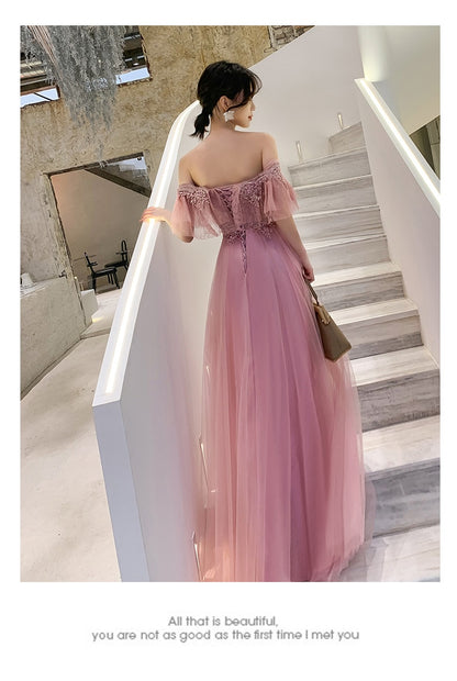 New pink off shoulder long lady girl prom dress evening dress free shipping