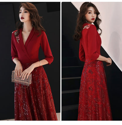 New Autumn Winter Dress Half Sleeve Temperament Red Dress Female Sexy V-neck Shoulder Embroidery Women Dress Sequin Dress