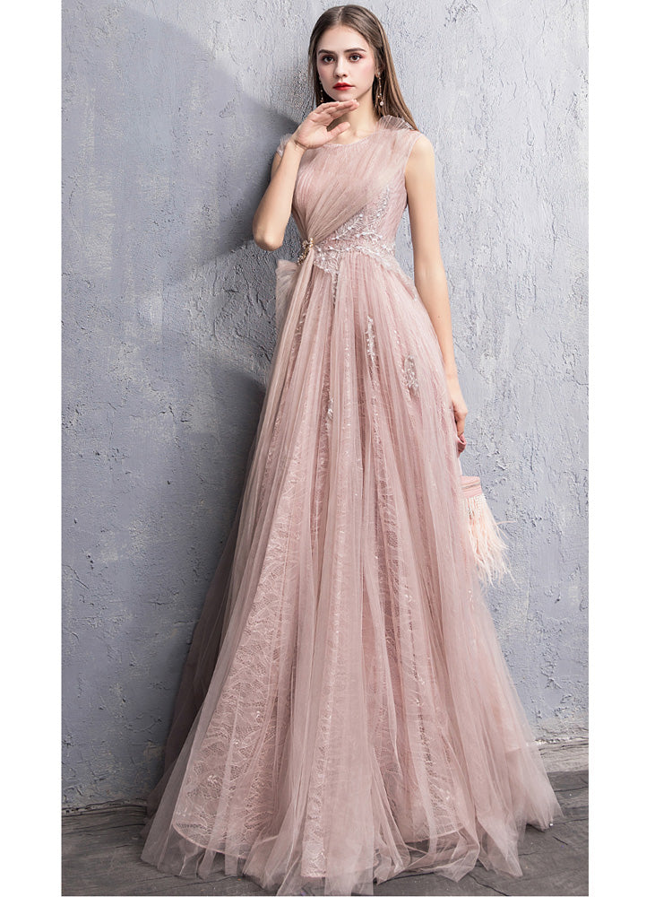 Evening Dress Elegant Sleeveless A-Line Robe De Soiree O-Neck Appliques Floor-Length Women Party Dresses V066