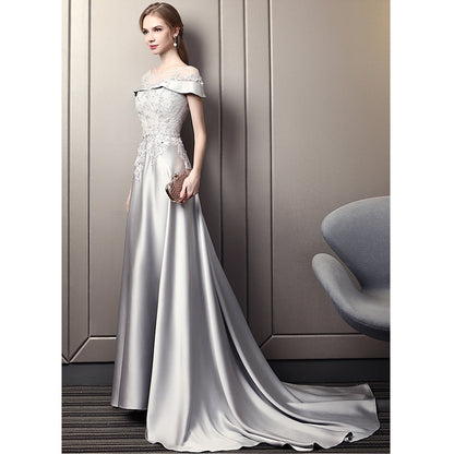 Evening Dress O-Neck Plus Size Short Sleeve Robe De Soiree Appliques A-Line Floor-Length Women Party Dresses V068